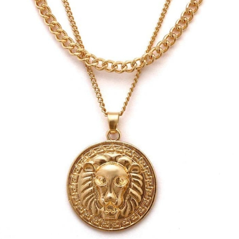 Gold Lion Medallion Double Strand Necklace - Picture 7 of 8